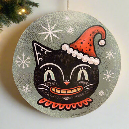 Handcrafted Johanna Parker Retro Christmas Black Cat Santa Hat Wood Cutout Out 8&quot;