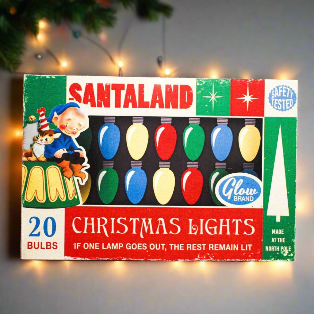 Handcrafted Retro Christmas Santaland Christmas Lights Box Art Wood Cutout 10&quot;