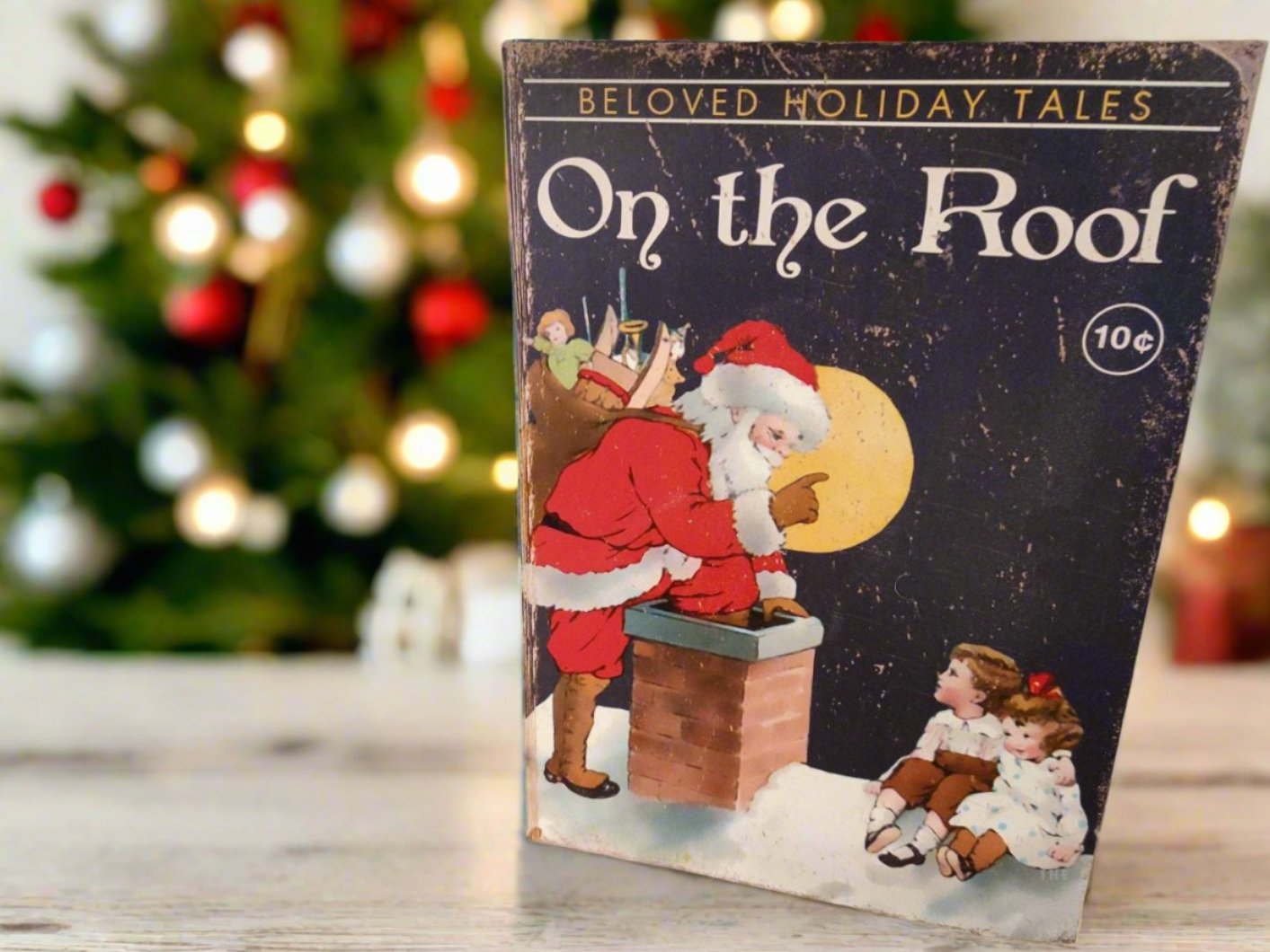 Handcrafted Christmas Retro  Book Santa On the Roof Cover Wood Cutout 10&quot;