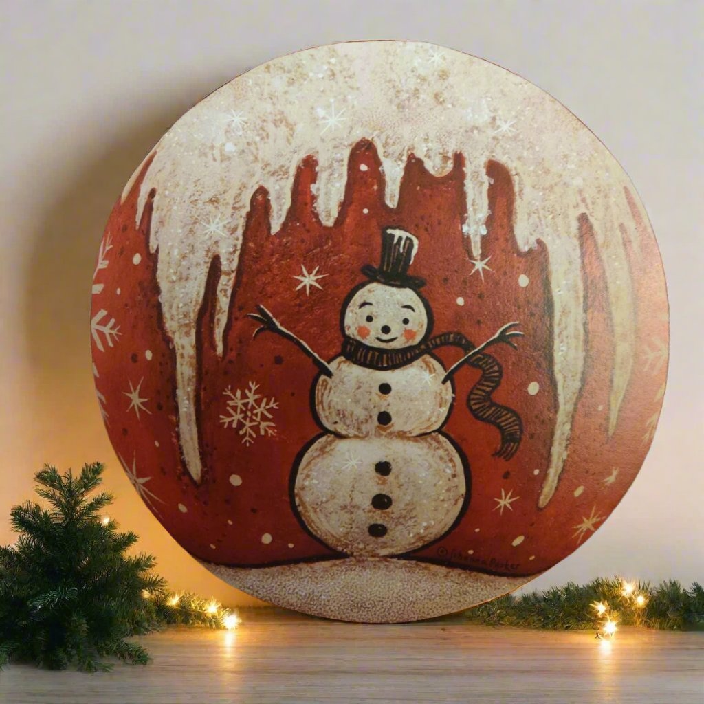 Handcrafted Christmas Johanna Parker Icicle Snowman Circle Wood Cutout 8&quot;