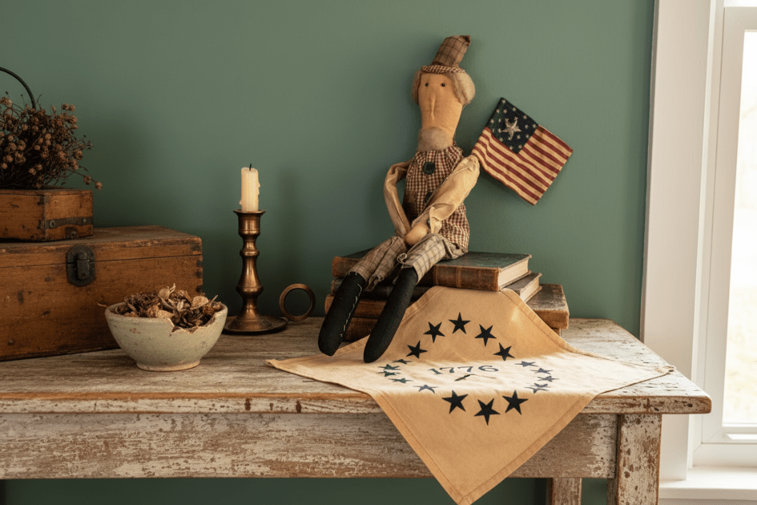 Primitive Farmhouse 22" Americana Uncle Sammy Rag Doll with Flag - The Primitive Pineapple Collection