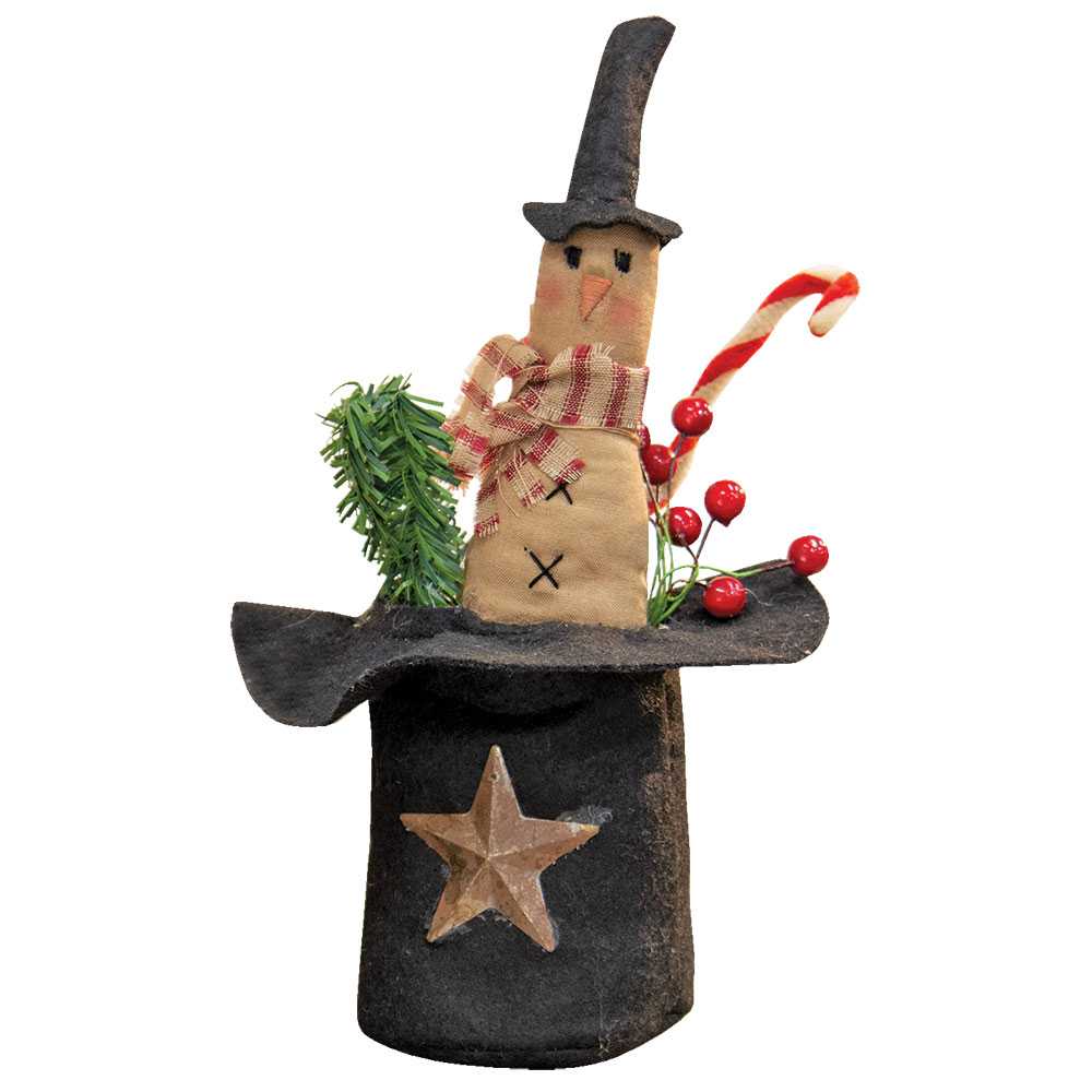 Primitive Christmas 9&quot; Top Hat w/ Snowman and Candy Cane