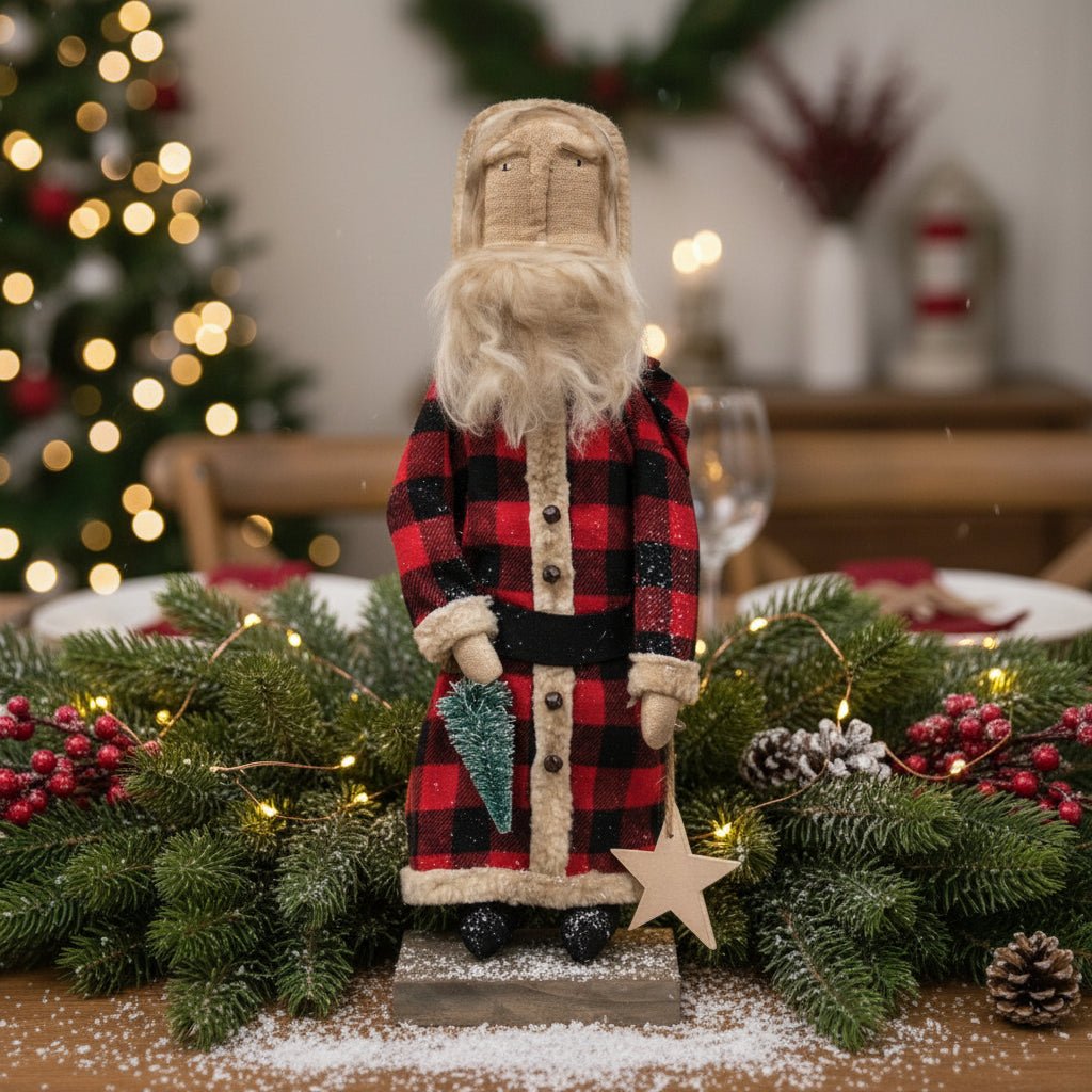 Christmas Farmhouse Buffalo Check Santa on Base - The Primitive Pineapple Collection