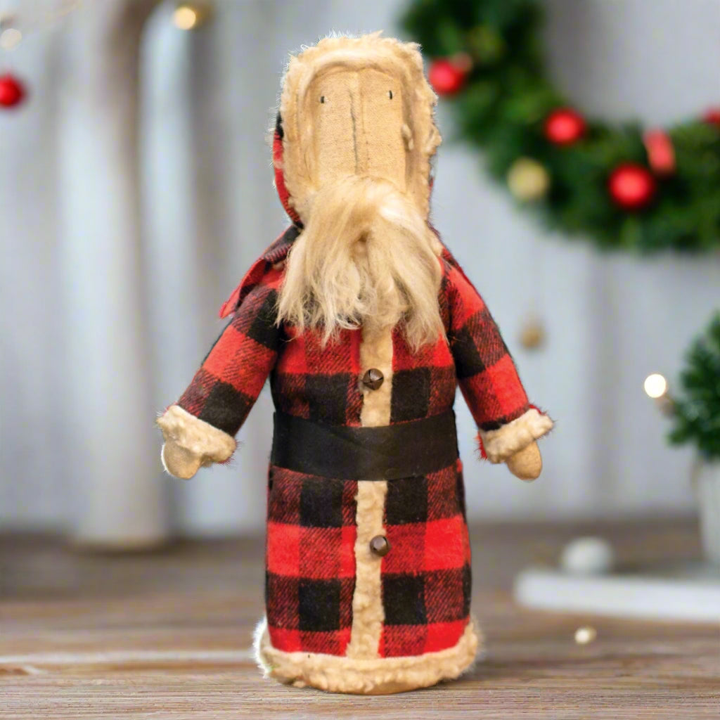 Primitive Christmas Rustic 12"Buffalo Plaid Santa Stump Doll w/ Bells - The Primitive Pineapple Collection