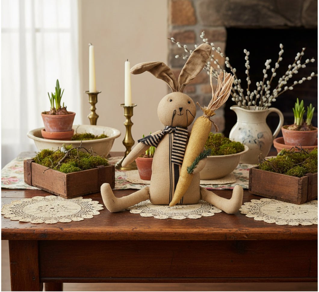 Primitive Easter Spring Archie Bunny y w/ Carrot Doll 14.5" - The Primitive Pineapple Collection