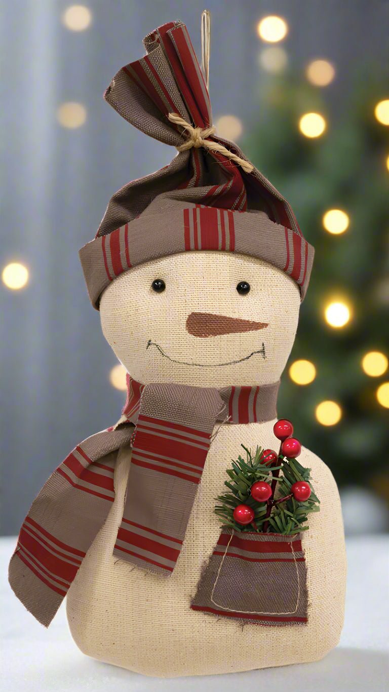 Primitive Christmas 8” Red Stripe Snowman w/Hanger Doll - The Primitive Pineapple Collection