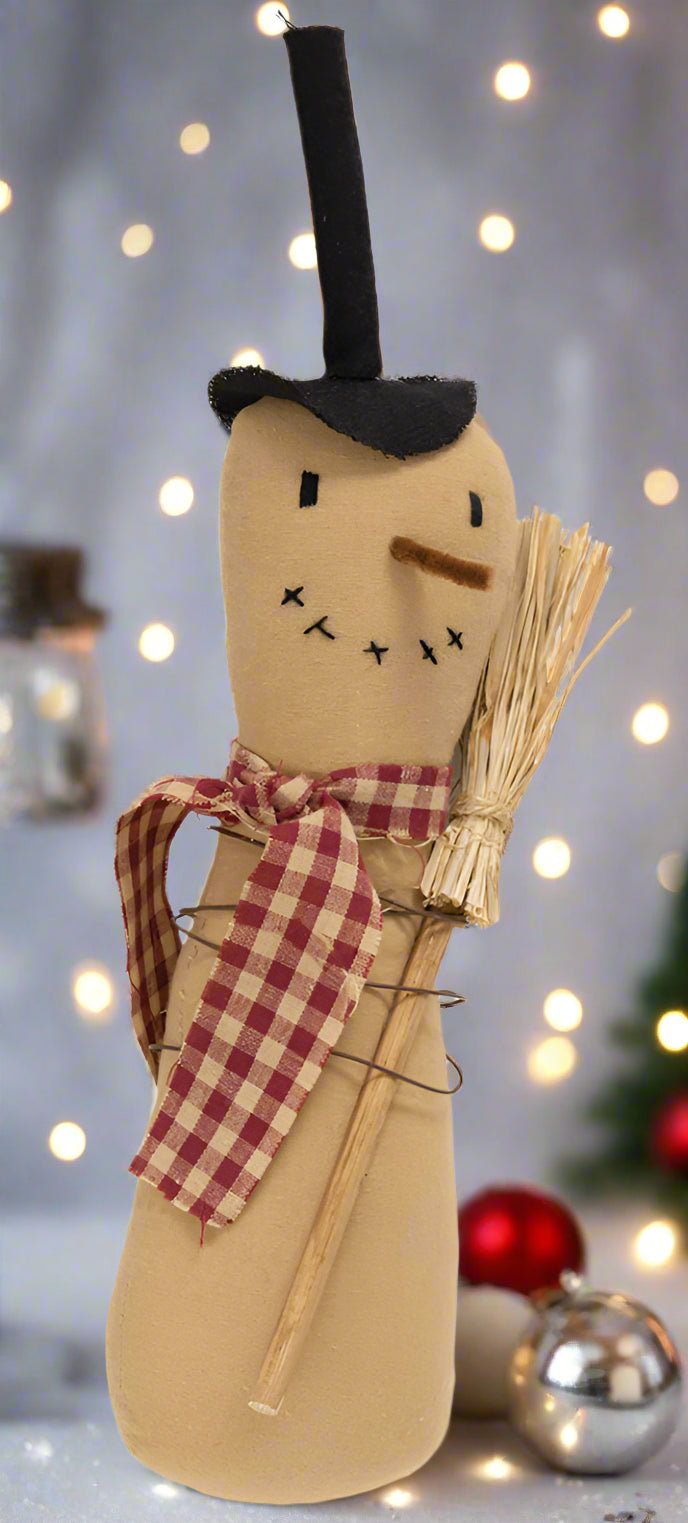 Primitive Christmas 13&quot; Stump Snowman with Check Scarf and Broom Doll - The Primitive Pineapple Collection