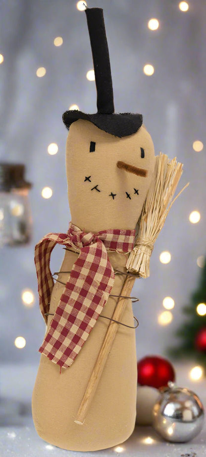 Primitive Christmas 13&quot; Stump Snowman with Check Scarf and Broom Doll - The Primitive Pineapple Collection