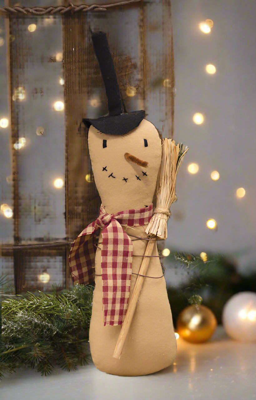 Primitive Christmas 13&quot; Stump Snowman with Check Scarf and Broom Doll - The Primitive Pineapple Collection