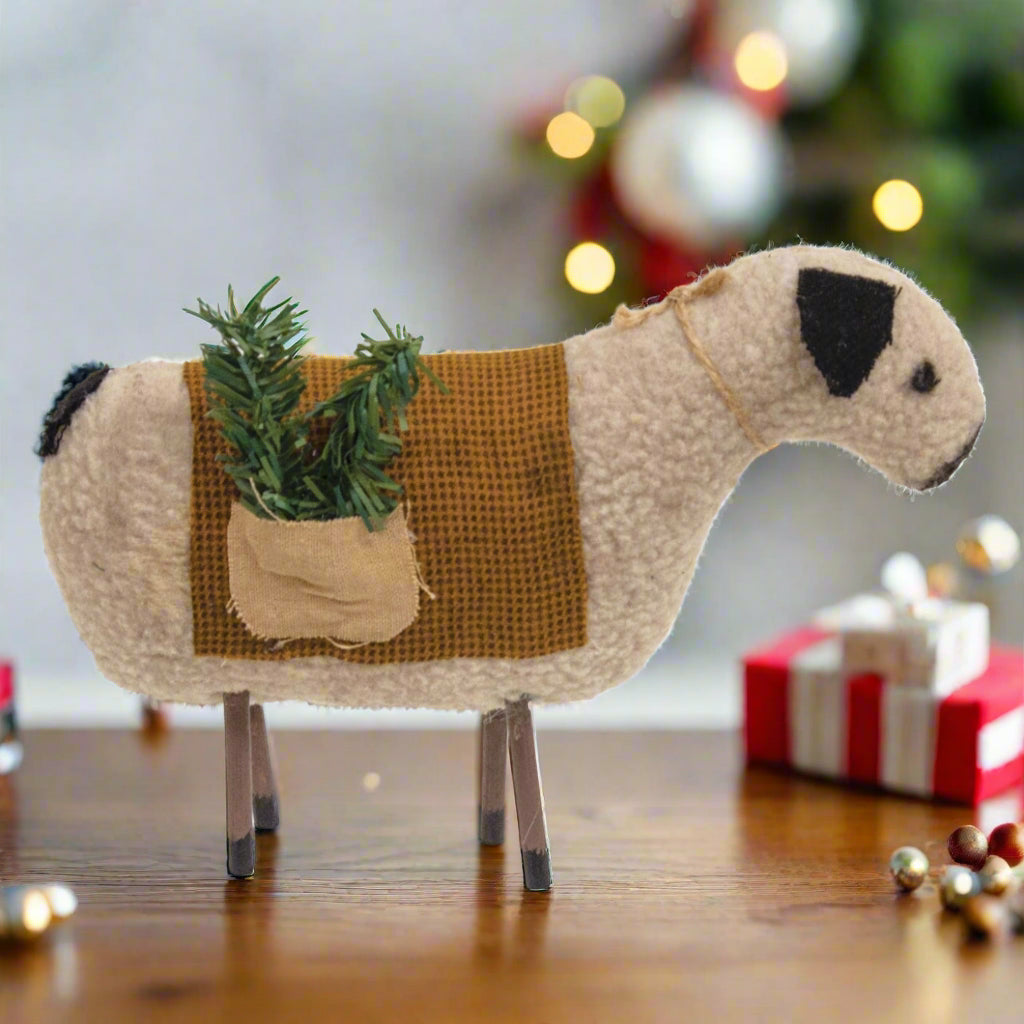 Primitive Farmhouse Christmas Fabric Sheep With Greens 5&quot; Shelf Sitter - The Primitive Pineapple Collection