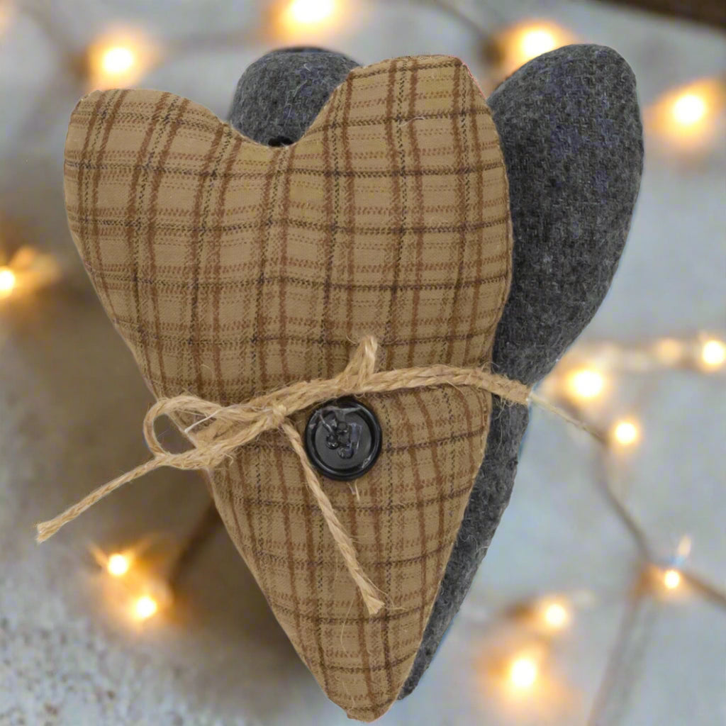 Colonial 2 pc Primitive Stuffed Fabric Country Heart Ornaments 5&quot;