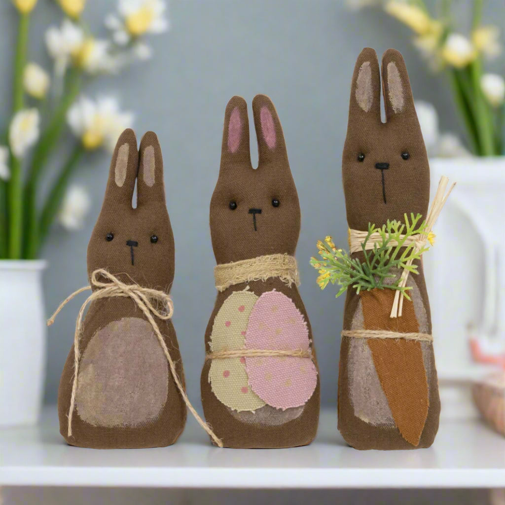 Primitive Easter Spring 3 pc Fabric “ Chocolate” Bunny Doll Family