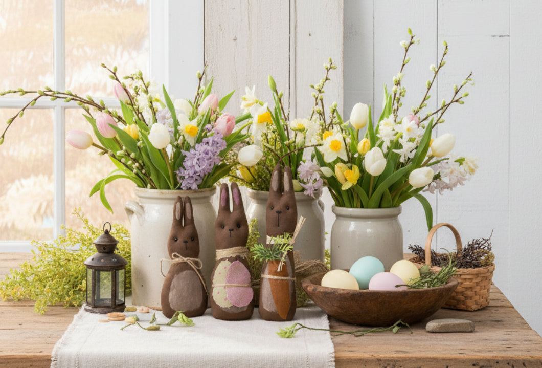 Primitive Easter Spring 3 pc Fabric “ Chocolate” Bunny Doll Family - The Primitive Pineapple Collection