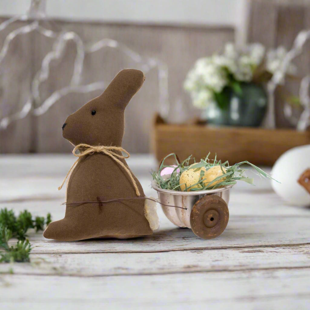 Primitive Easter Spring Stuffed Bunny with Easter Egg Cart