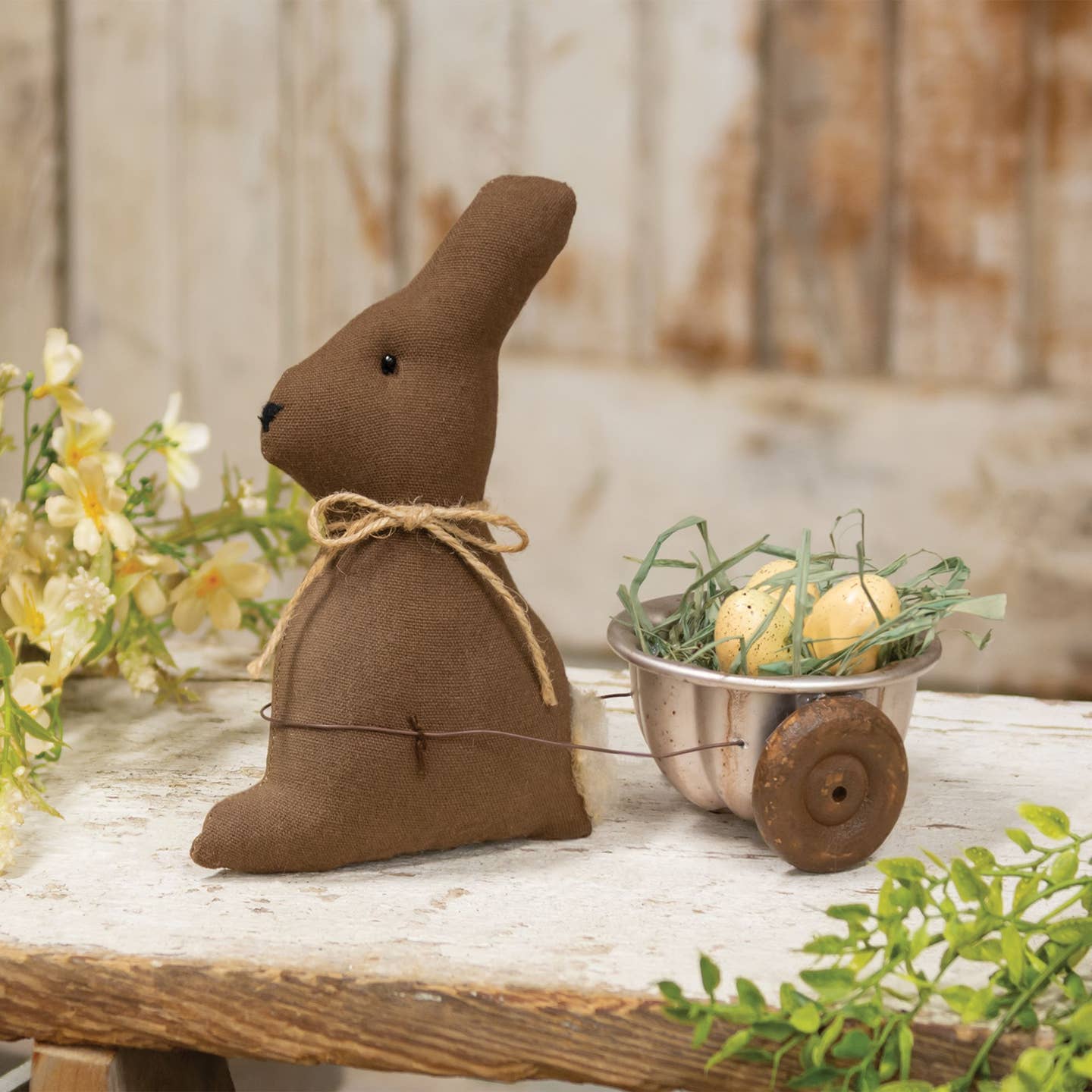 Primitive Easter Spring Stuffed Bunny with Easter Egg Cart