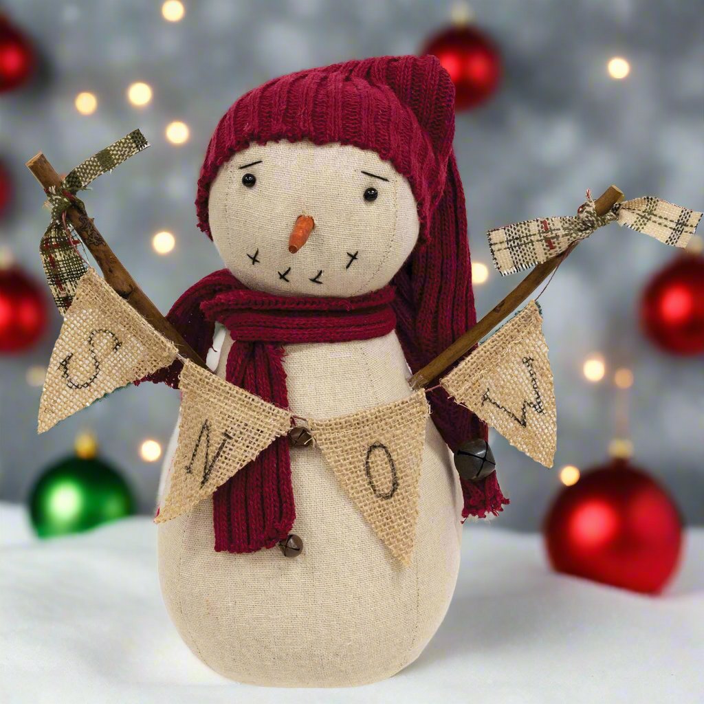 Primitive Christmas Snowman Doll w/“Snow” Burlap Banner 10.5&quot;