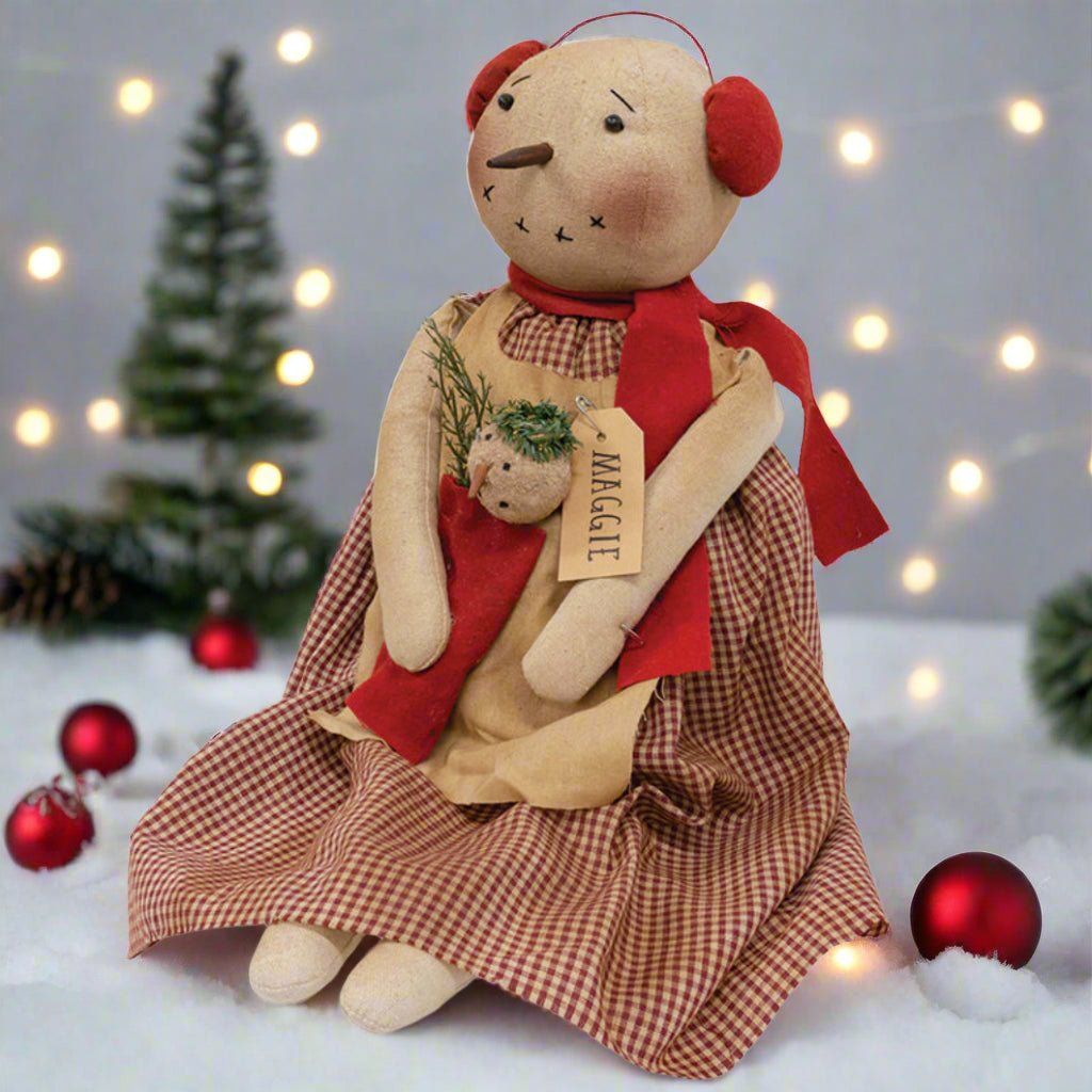 Primitive Christmas 20&quot; Maggie Snowgirl with Earmuffs Doll - The Primitive Pineapple Collection