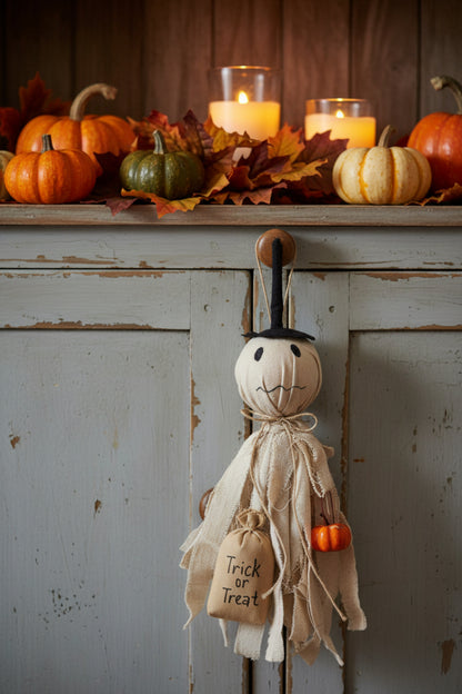 Primitive Halloween 14" Trick Or Treat Ghost Hanger with Pumpkin