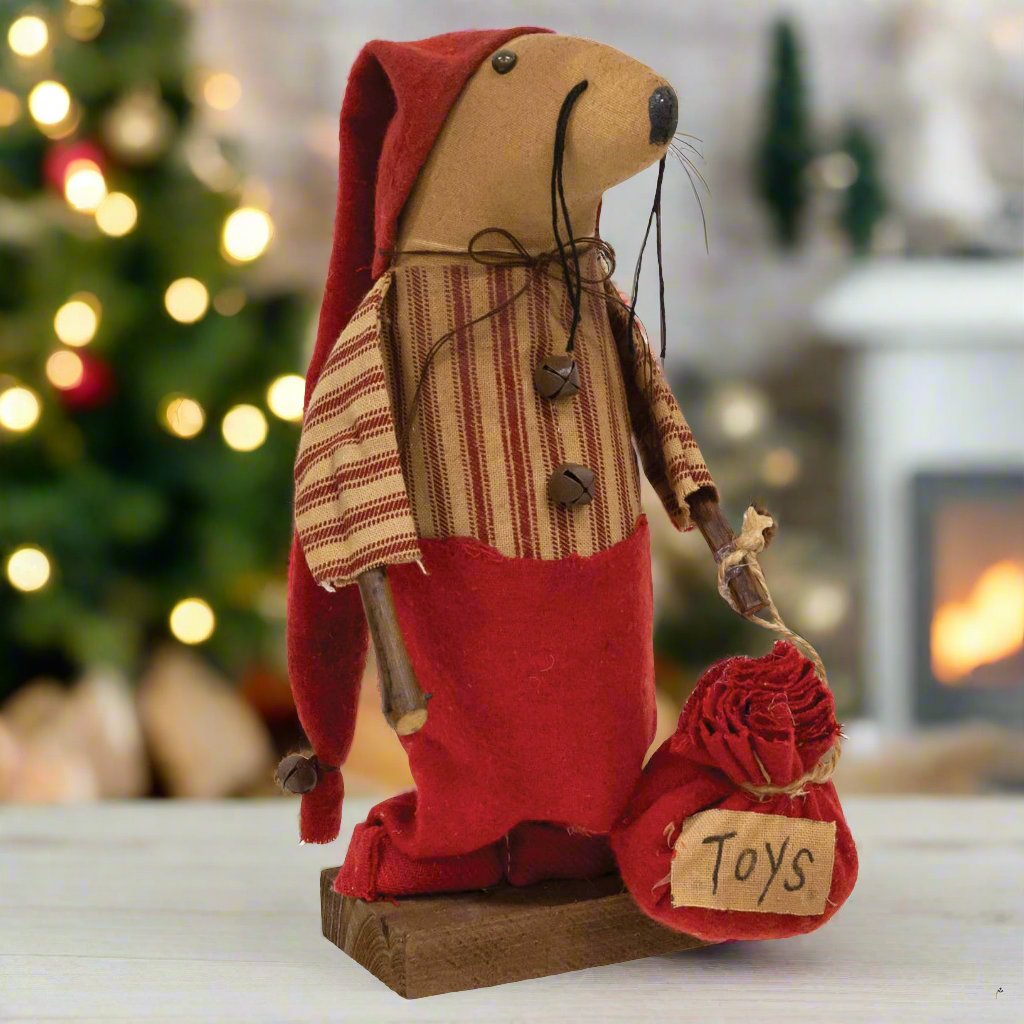 Primitive Fabric Christmas Mr. Claus Mouse w/ Toy Sack On Base 8.5&quot;