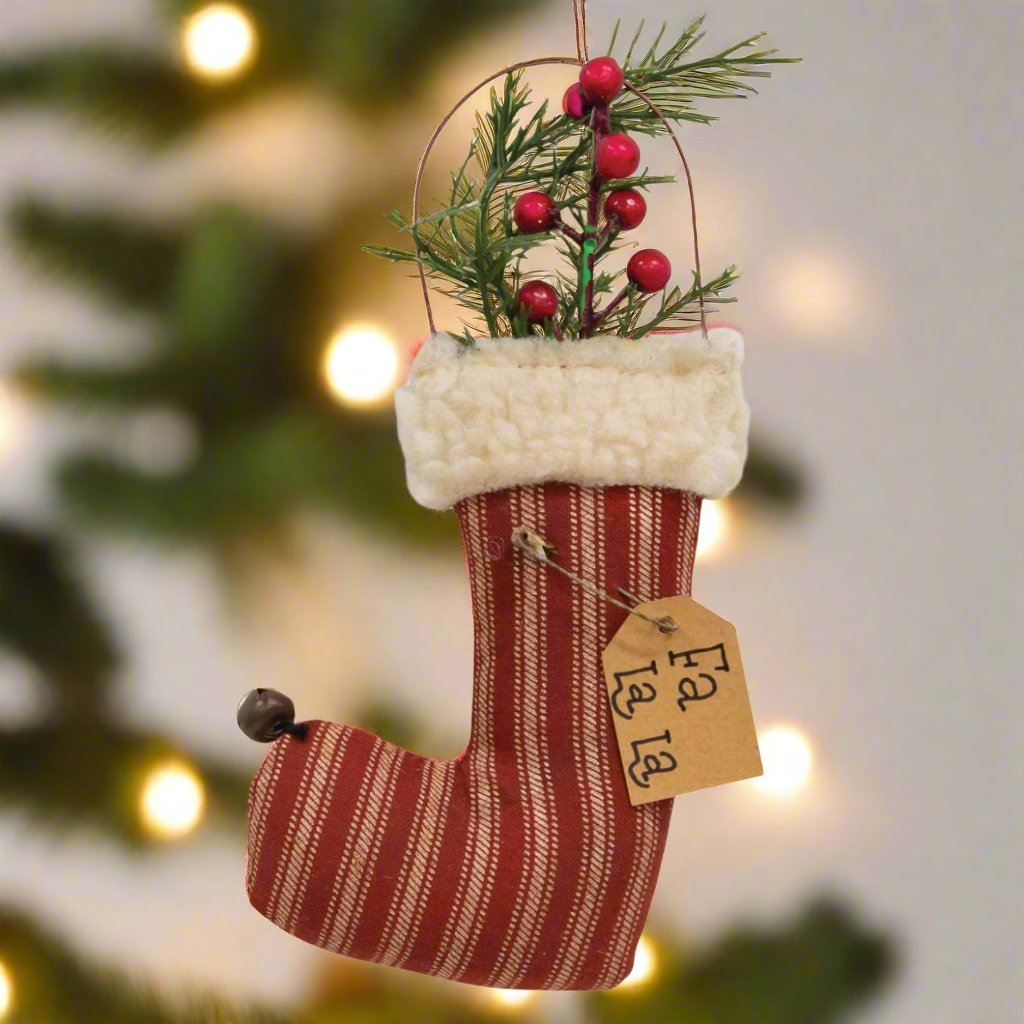 Primitive Christmas 6.25" Fa La La Stuffed Ticking Stripe Stocking Ornament - The Primitive Pineapple Collection