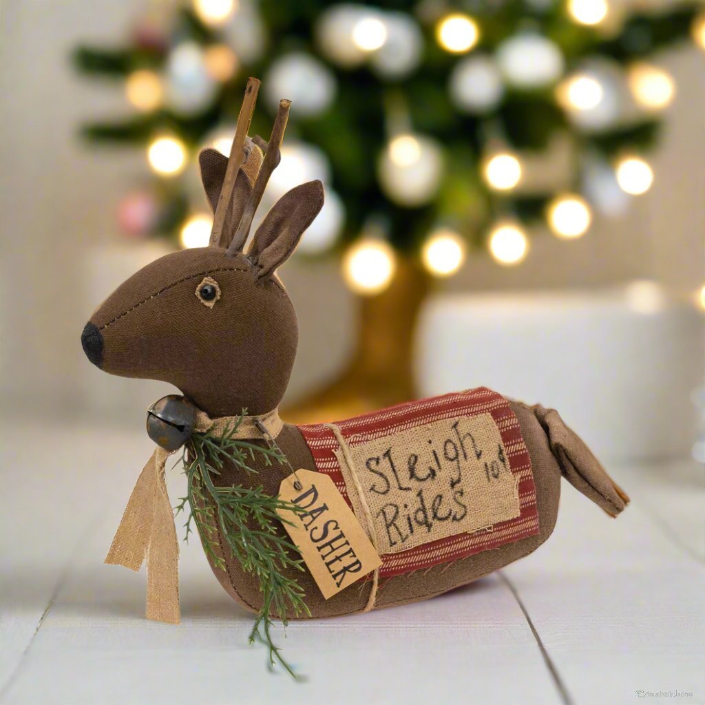 Primitive Christmas 8" Stuffed Primitive Sleigh Rides Dasher Reindeer Sitter - The Primitive Pineapple Collection