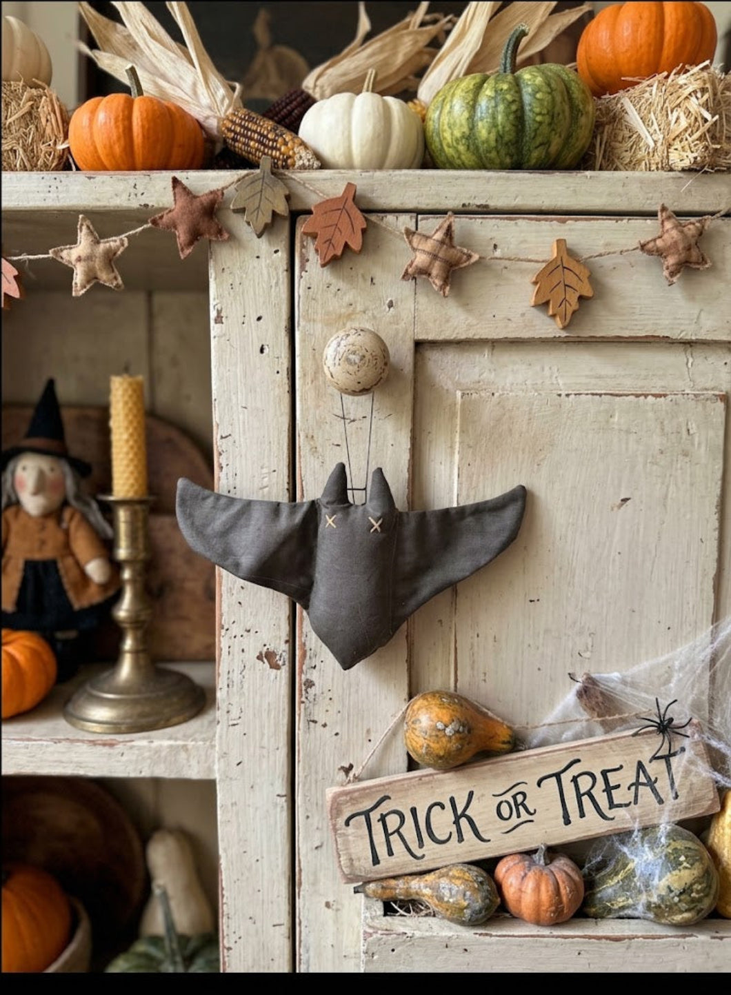 Primitive Fall Halloween Handcrafted 7" Bat Ornie