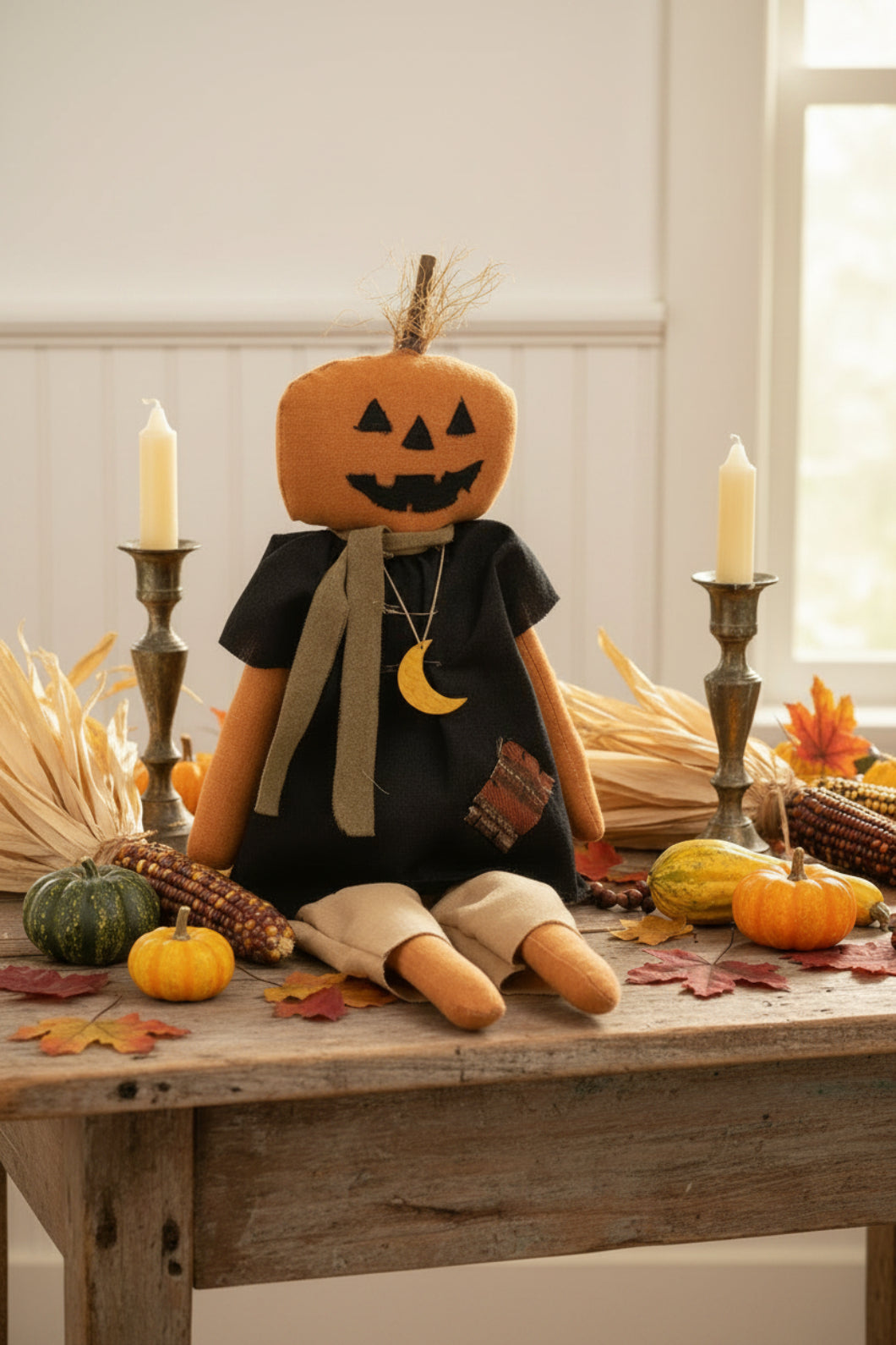 Primitive Fall Halloween Pumpkin Doll with Moon Necklace - 23.5"H