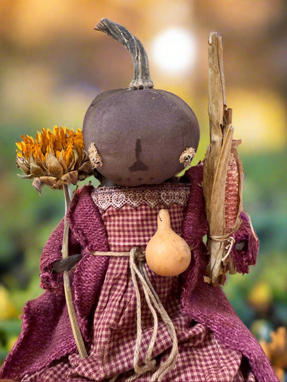 Primitive Handcrafted Pumpkin Doll Callie w/ Gourd 12&quot; - The Primitive Pineapple Collection