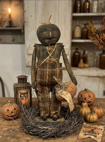 Primitive Handcrafted Halloween Casper Pumpkin Man Doll on Stand 20" | Folk Art