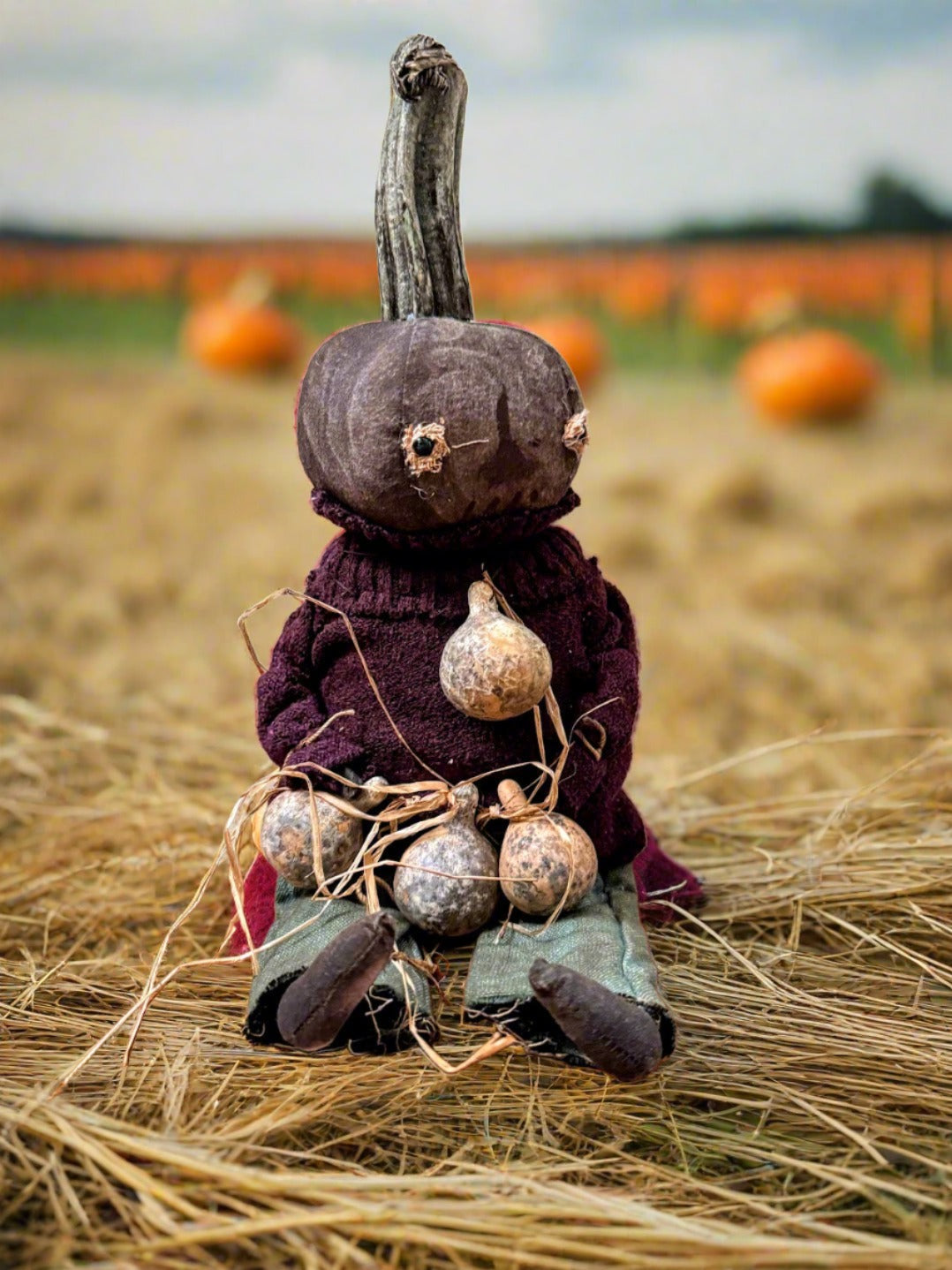 Primitive Handcrafted Pumpkin Doll Charles w/ Dried Gourds 12&quot;