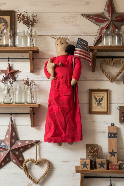 Primitive Handcrafted Hanging Patriotic Americana Patsy Doll w/ Flag 24" - The Primitive Pineapple Collection