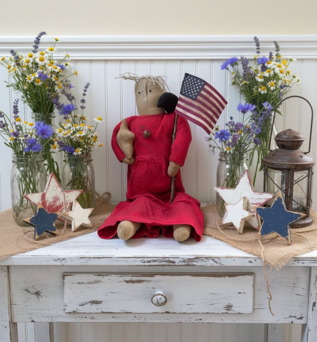 Primitive Handcrafted Hanging Patriotic Americana Patsy Doll w/ Flag 24" - The Primitive Pineapple Collection