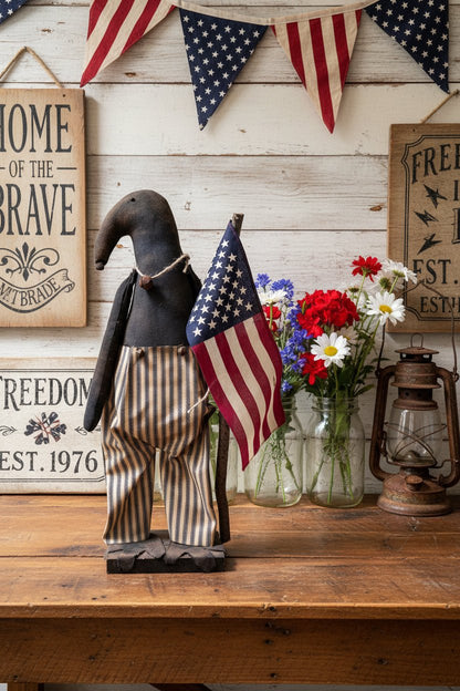 Primitive Handcrafted 20" Americana Patriotic Boy Crow on Stand w/ Flag - The Primitive Pineapple Collection