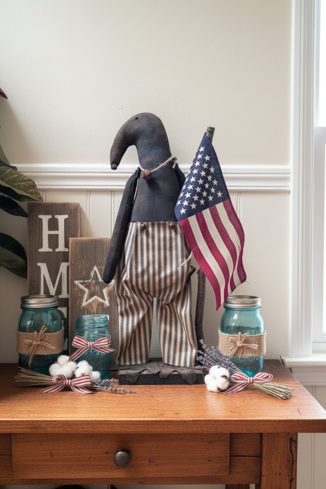 Primitive Handcrafted 20" Americana Patriotic Boy Crow on Stand w/ Flag - The Primitive Pineapple Collection