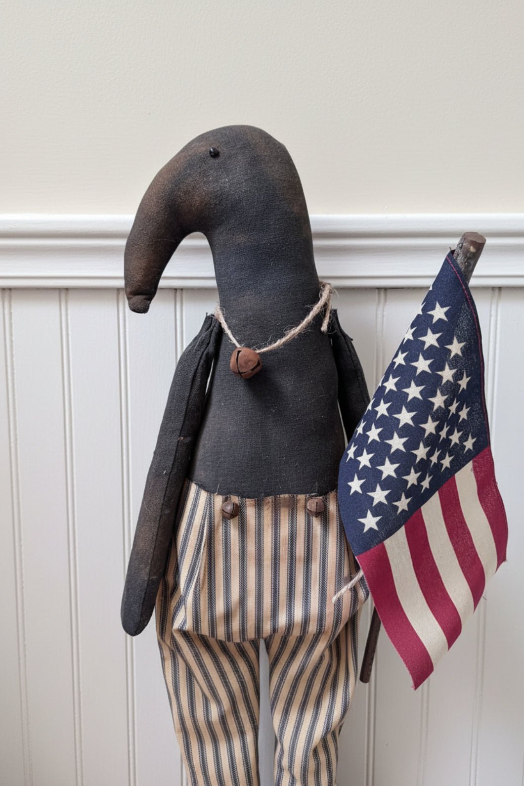 Primitive Handcrafted 20" Americana Patriotic Boy Crow on Stand w/ Flag - The Primitive Pineapple Collection