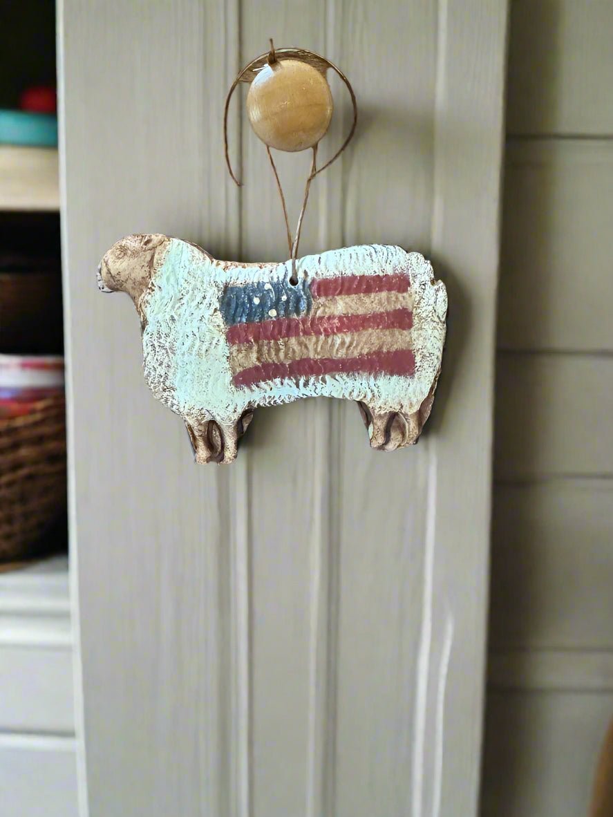 Primitive Handcrafted USA Americans Folk Art Sheep Ornament 4&quot; - The Primitive Pineapple Collection