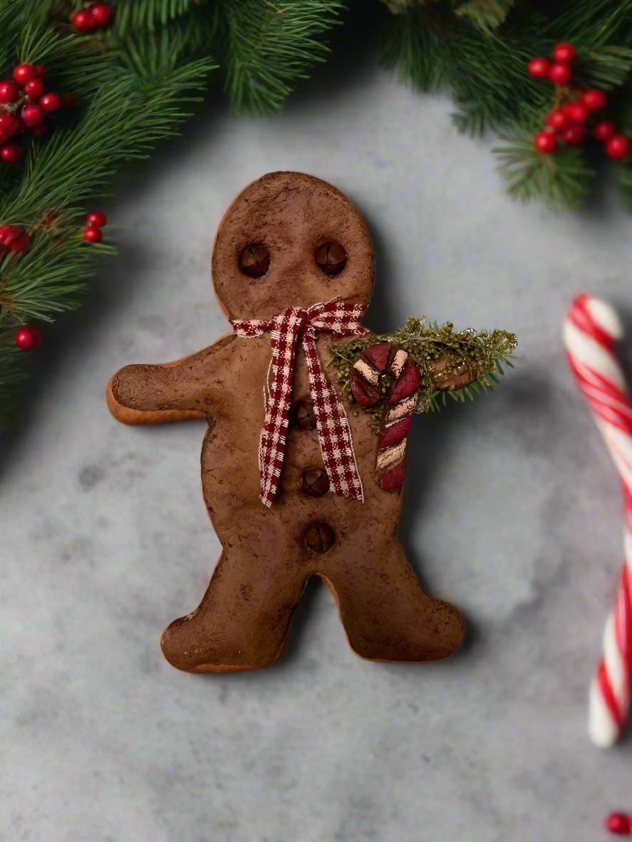 Christmas Handmade 6&quot; Gingerbread Boy w/ Candy Cane/Sweet Annie Bowl Filler