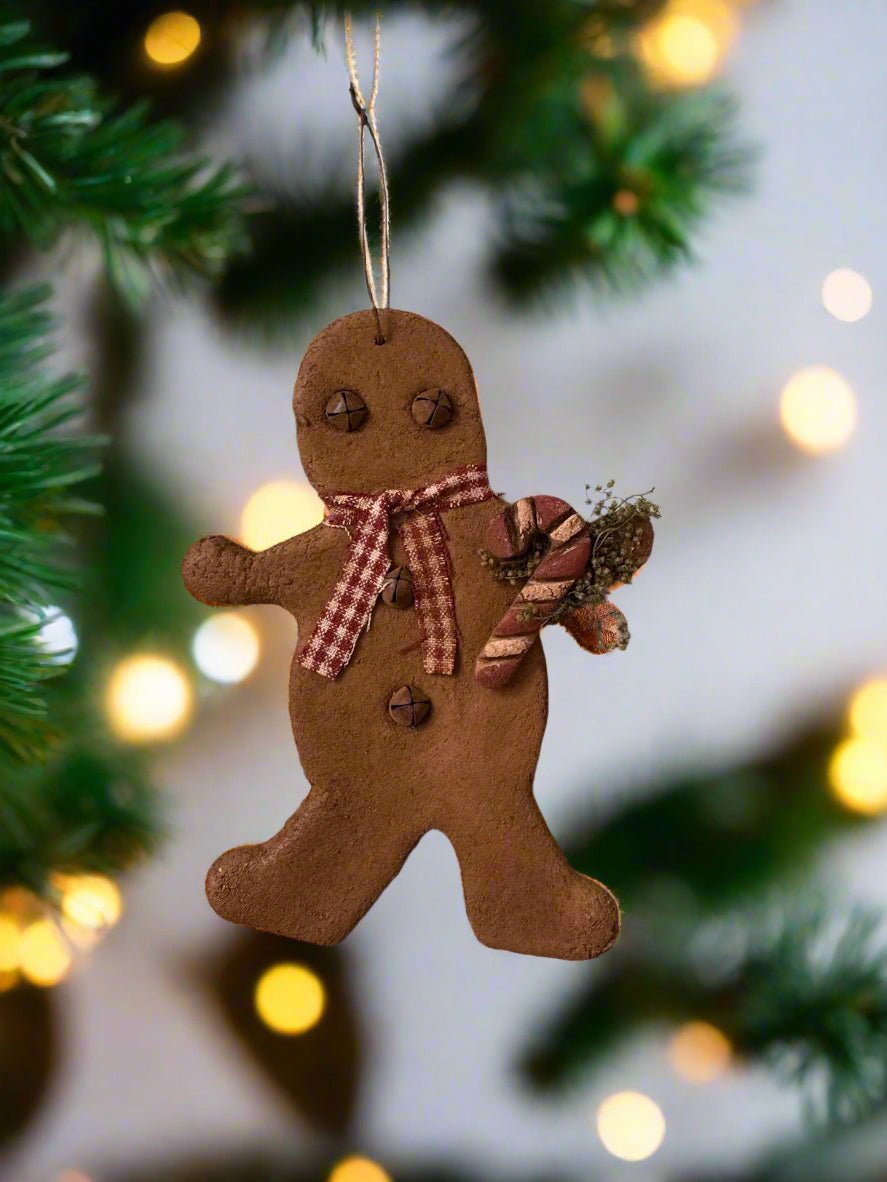 Christmas Handmade 6&quot; Gingerbread Boy w/ Candy Cane/Sweet Annie Ornament - The Primitive Pineapple Collection