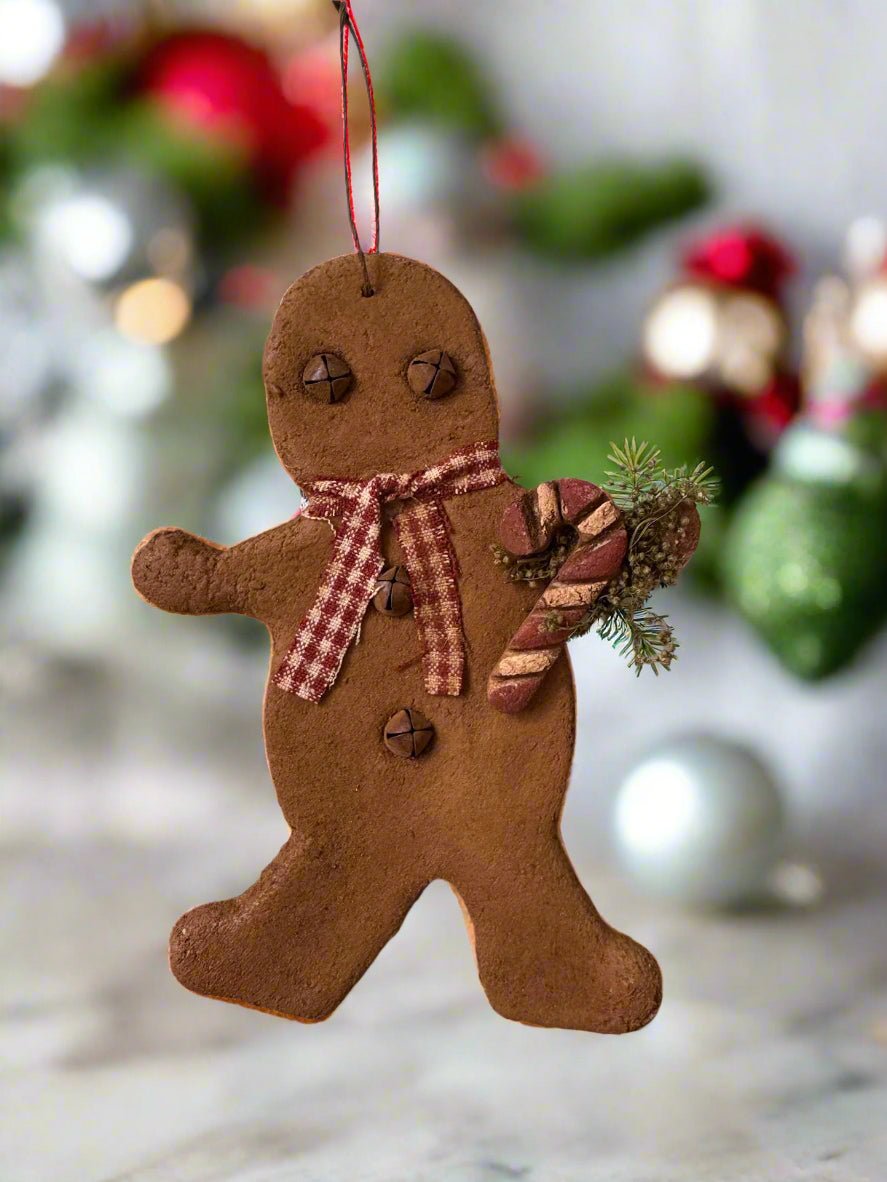 Christmas Handmade 6&quot; Gingerbread Boy w/ Candy Cane/Sweet Annie Ornament - The Primitive Pineapple Collection