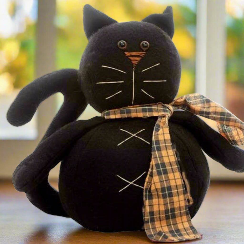 Primitive Halloween 11.5&quot; Whimsical Black Cat Fabric Shelf Sitter Doll - The Primitive Pineapple Collection