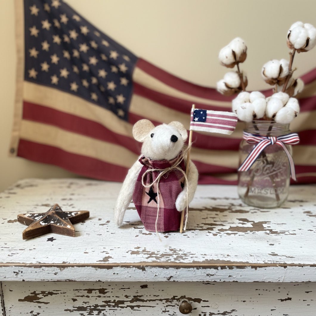 Handcrafted Americana Patriotic Mouse with Flag - The Primitive Pineapple Collection
