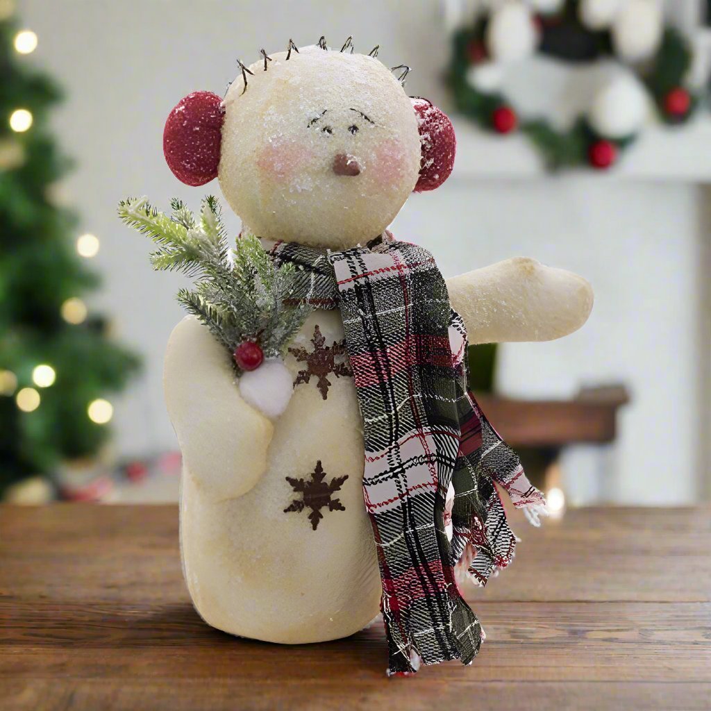 Primitive Christmas Plaid Scarf & EarMuff Snowman 9" - The Primitive Pineapple Collection