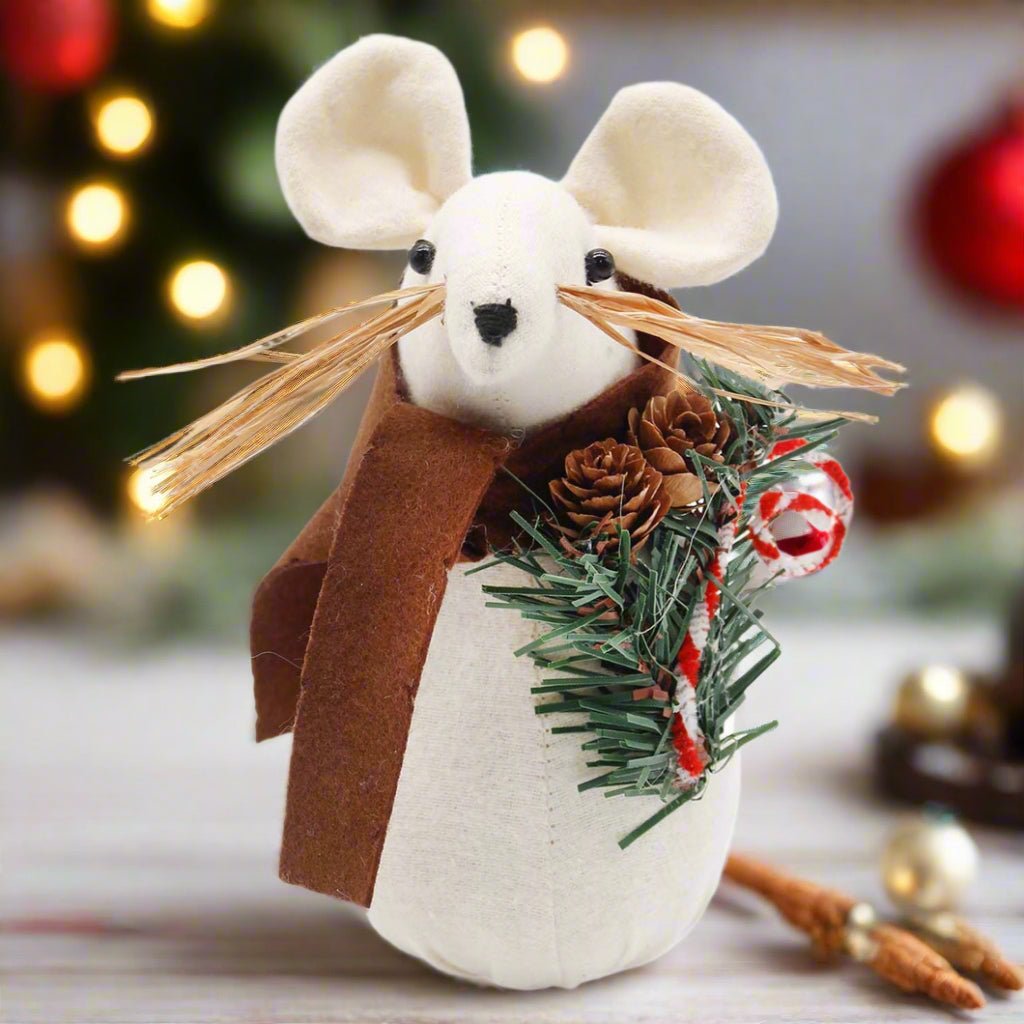 Primitive Christmas 7&quot; Plush Brown Mouse w/ Scarf Fabric Shelf Sitter Doll