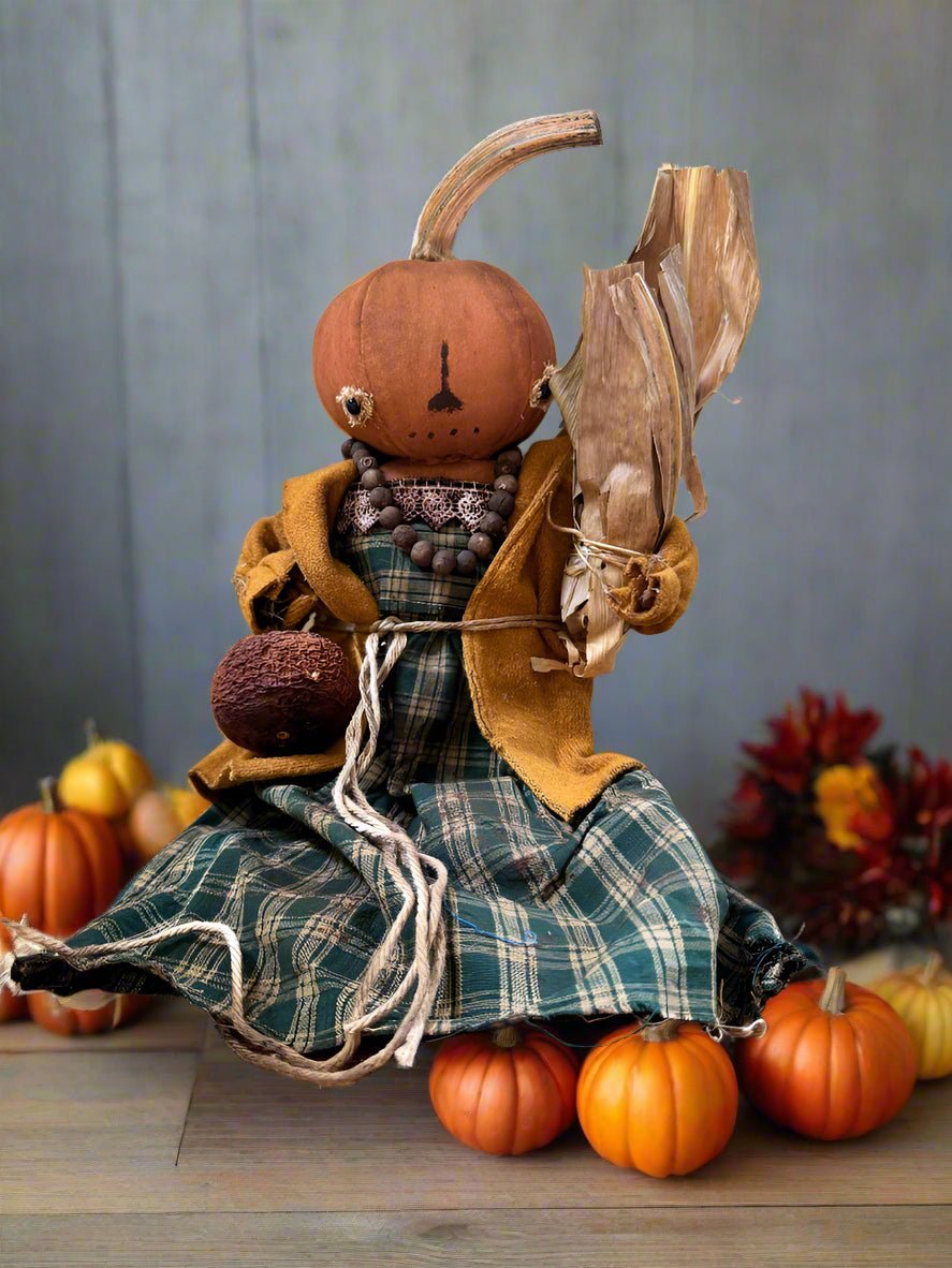 Primitive Handcrafted Pumpkin Doll Dottie w/ Gourd 12&quot; - The Primitive Pineapple Collection