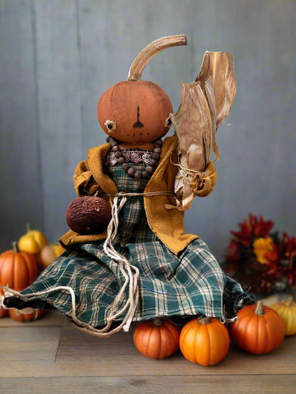 Primitive Handcrafted Pumpkin Doll Dottie w/ Gourd 12&quot; - The Primitive Pineapple Collection