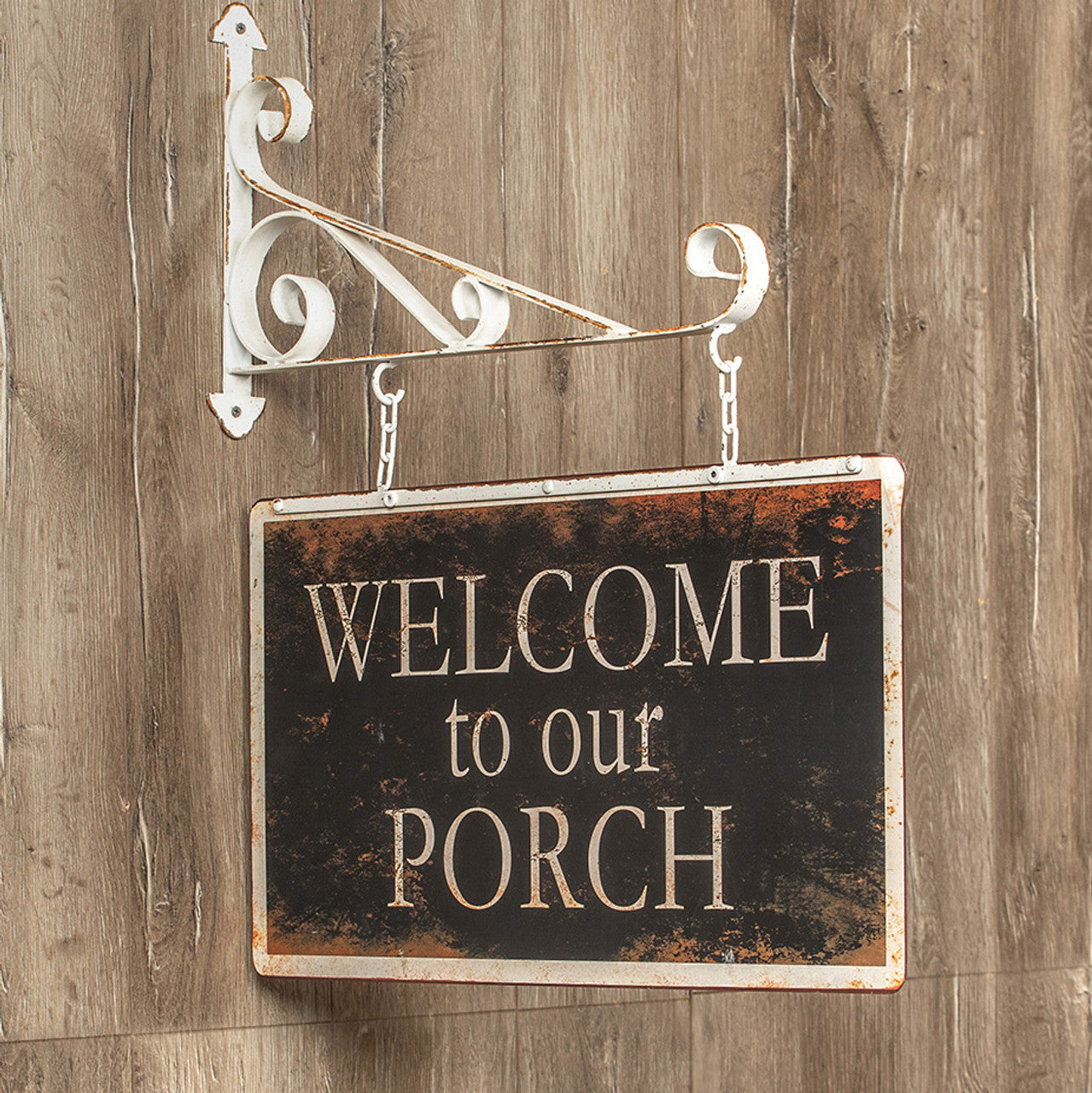 Primitive Ragon House Welcome to Our Porch Distressed Metal Sign w/ Bracket