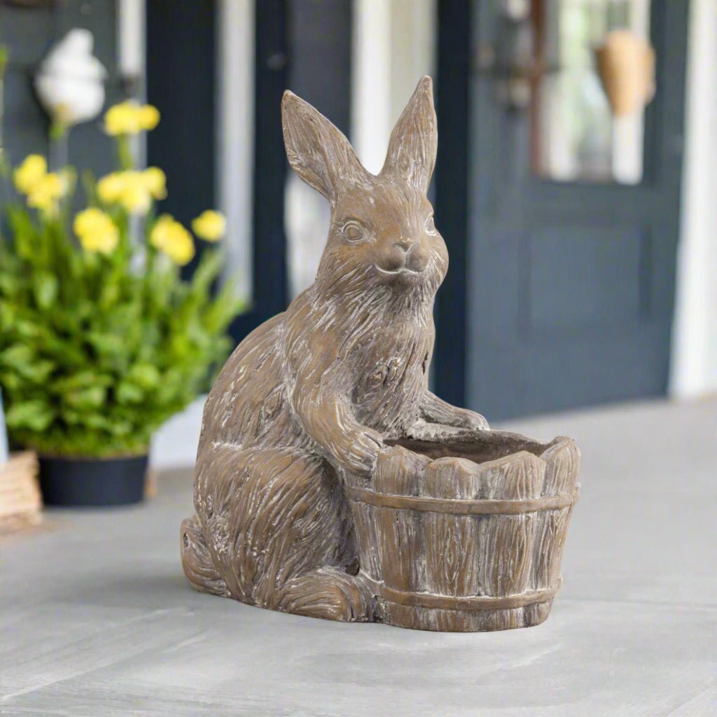 Primitive Ragon House Spring Easter Vintage Look 14" Bunny w/ Basket Statue - The Primitive Pineapple Collection
