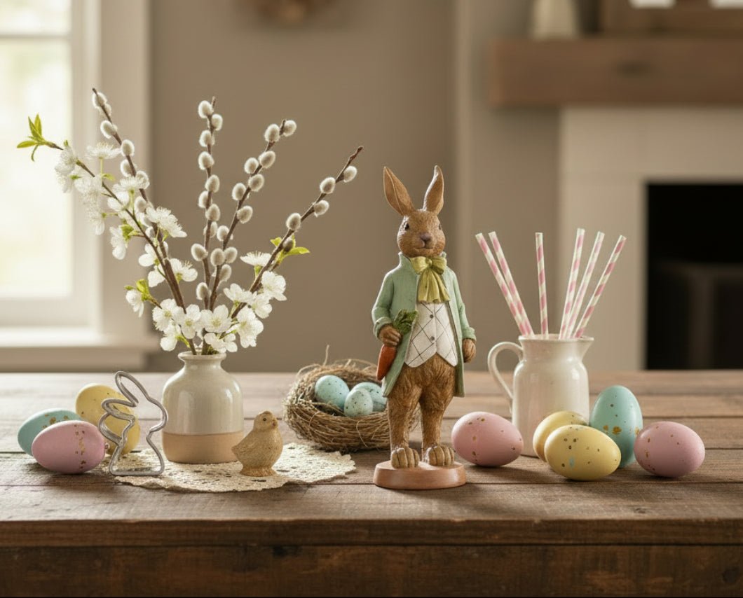 Primitive Ragon House Spring Easter 9.5" Vintage Look Bunny w/ Carrot Figurine - The Primitive Pineapple Collection