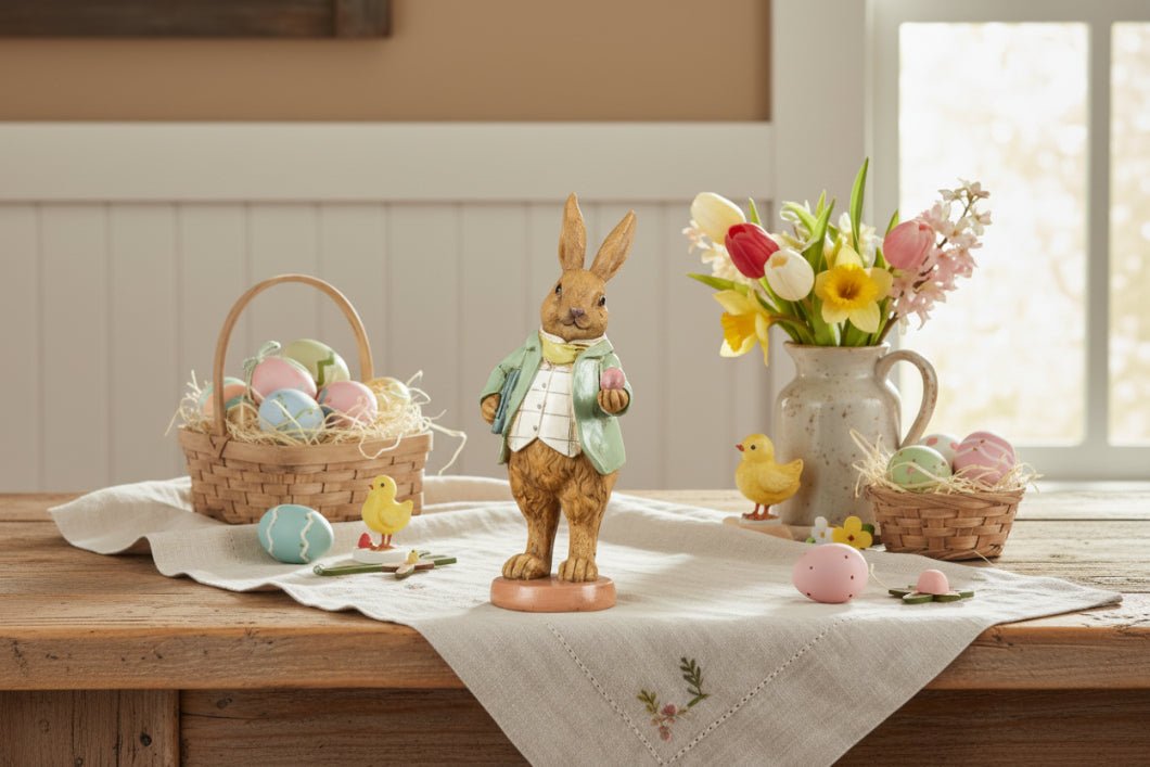 Primitive Ragon House Spring Easter 7.75" Dapper Bunny with Egg Figurine - The Primitive Pineapple Collection