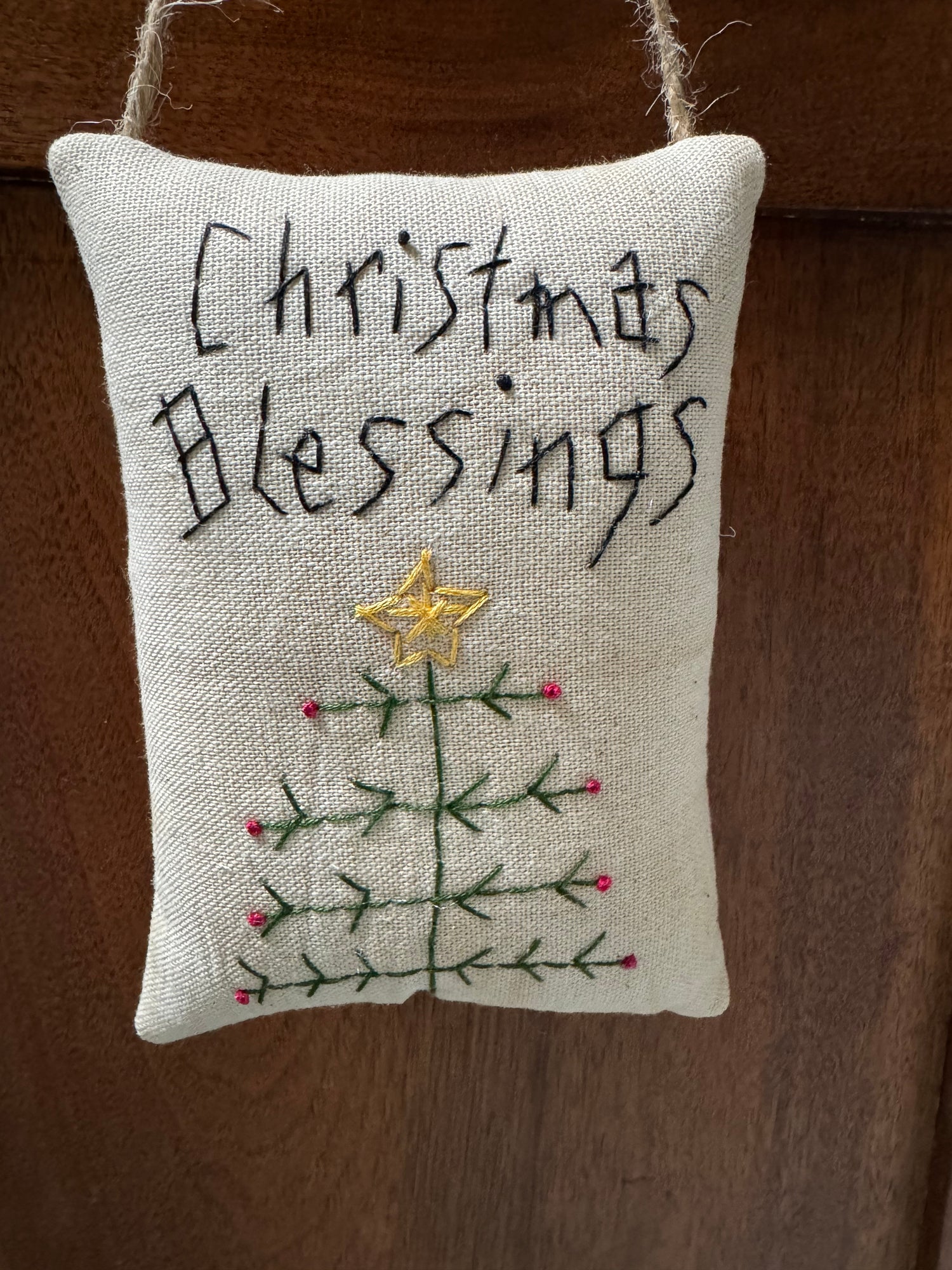 Primitive Handcrafted Christmas Embroidered Christmas Blessing w/ Feather Tree Pillow 6&quot;